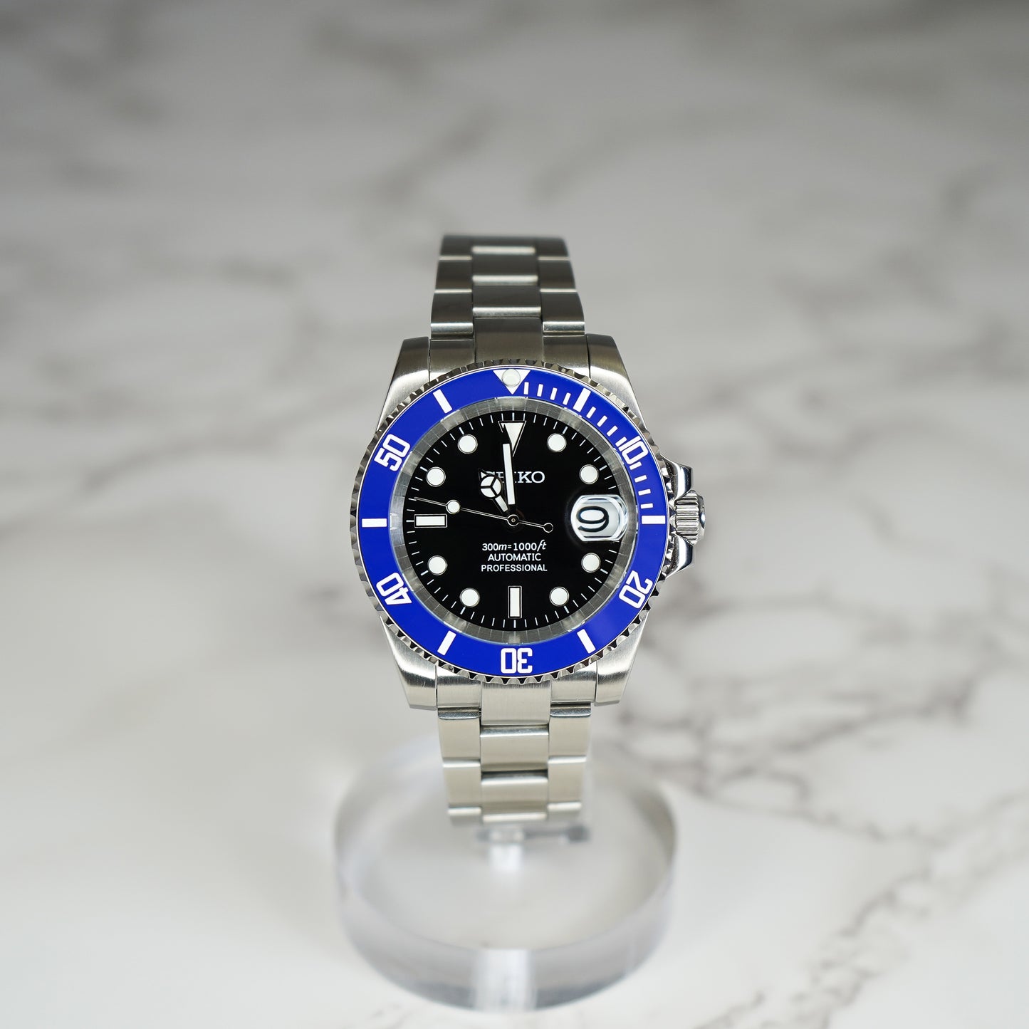 40mm Smurf Black Dial Sub Style Diver w/ Custom Seiko NH35 Movement Seiko Mod Watch - Front