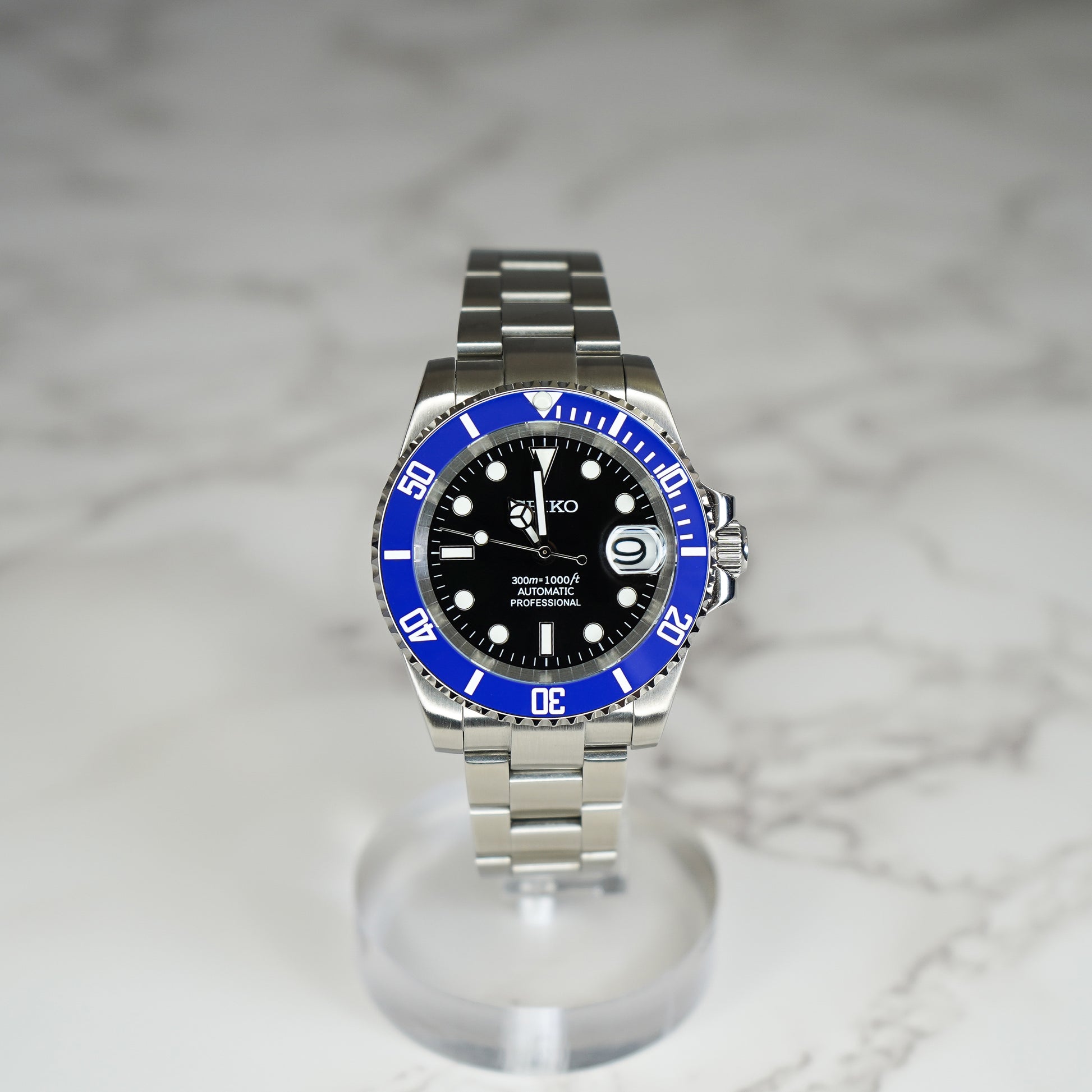 40mm Smurf Black Dial Sub Style Diver w/ Custom Seiko NH35 Movement Seiko Mod Watch - Front
