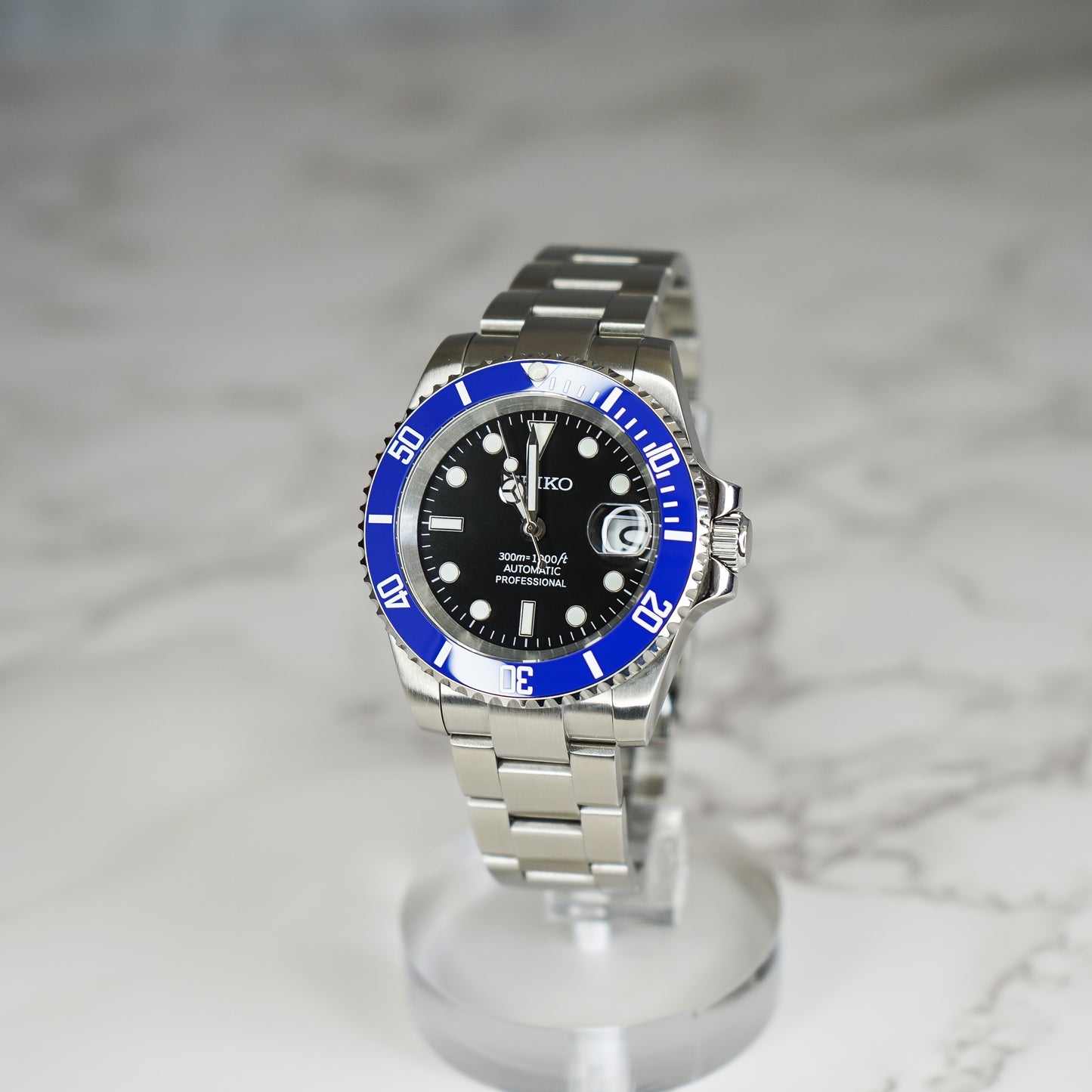40mm Smurf Black Dial Sub Style Diver w/ Custom Seiko NH35 Movement Seiko Mod Watch - Left