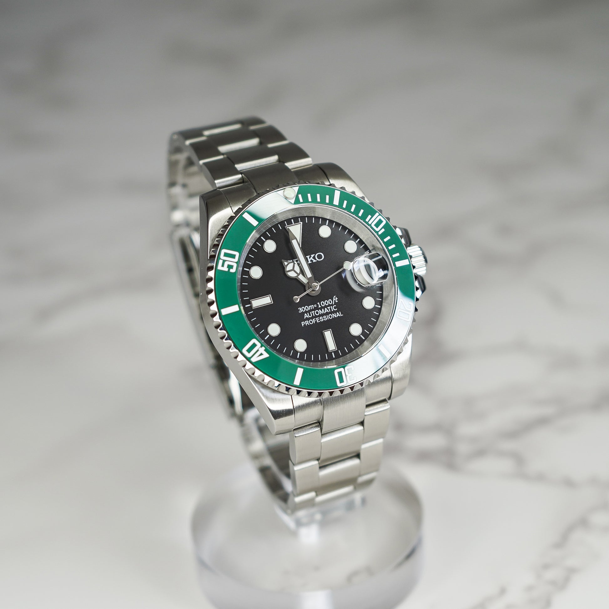 40mm Kermit Black Dial Sub Style Diver w/ Custom Build Seiko NH35 Movement Seiko Mod Watch - Right