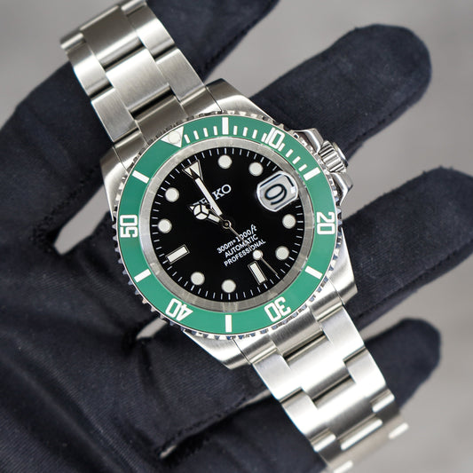 40mm Kermit Black Dial Sub Style Diver w/ Custom Build Seiko NH35 Movement Seiko Mod Watch - Main