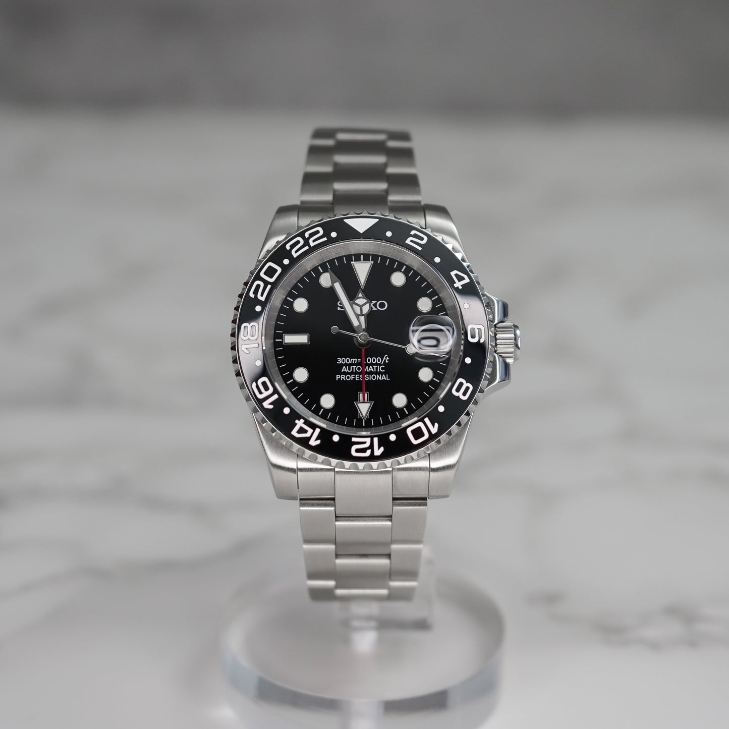 40mm GMT Signature Black Dial Sub Style Diver Custom Seiko NH34 GMT Movement Mod Watch - Front