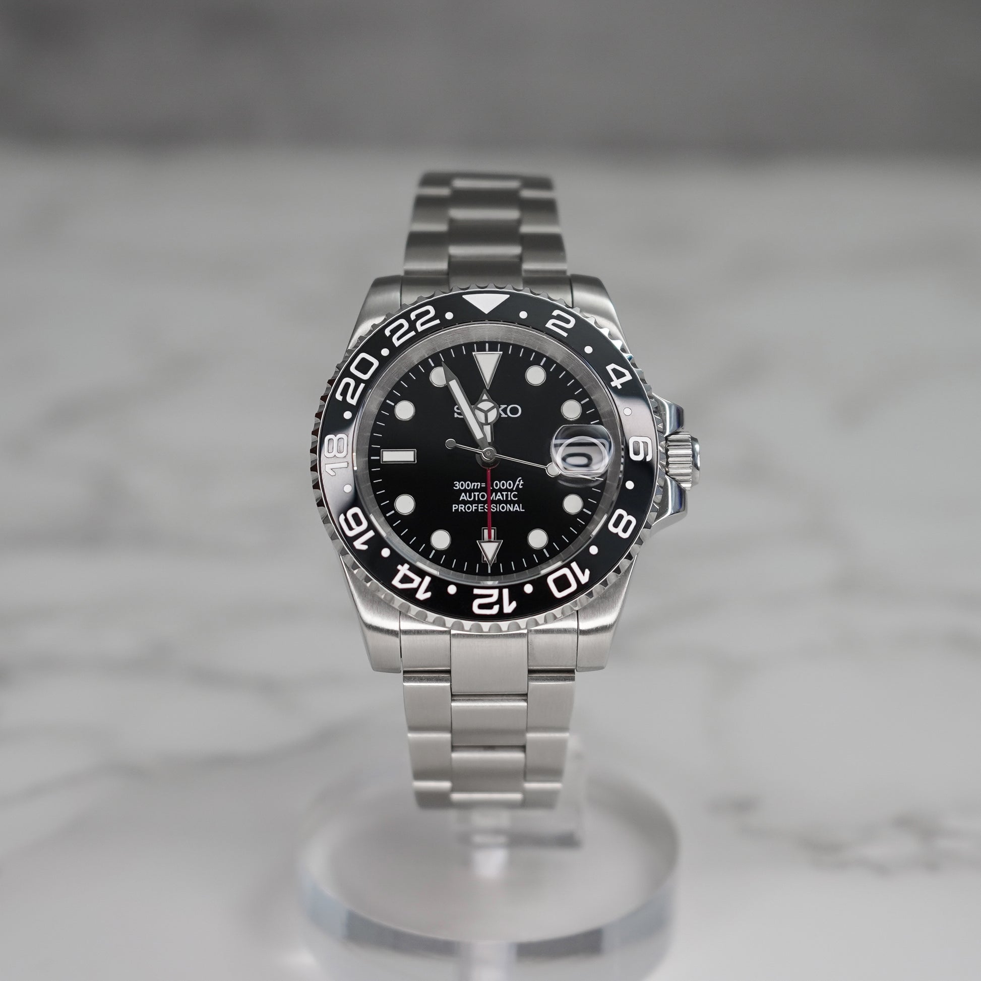 40mm GMT Signature Black Dial Sub Style Diver Custom Seiko NH34 GMT Movement Mod Watch - Front