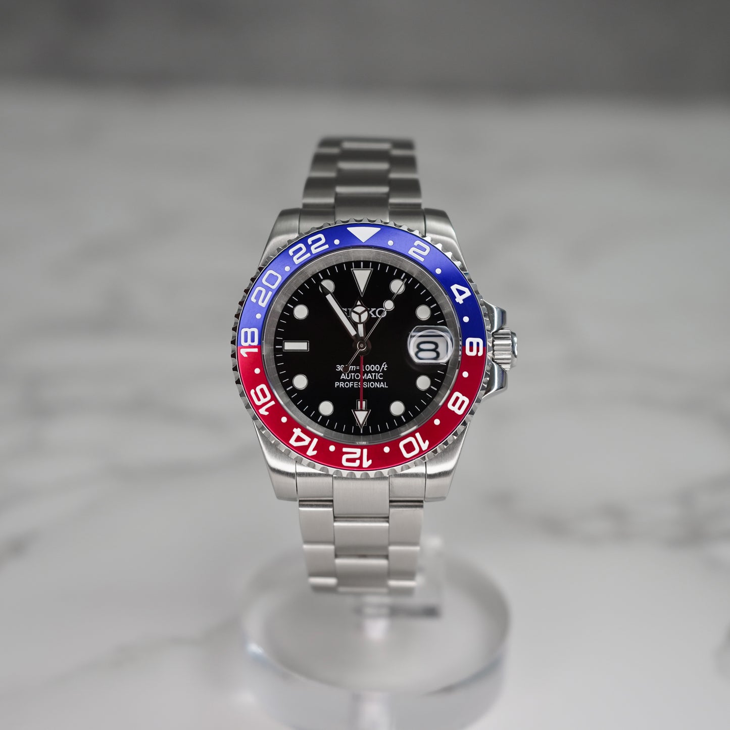 40mm Pepsi GMT Black Dial Sub Style Diver Custom Seiko NH34 GMT Movement Seiko Mod Watch - Front