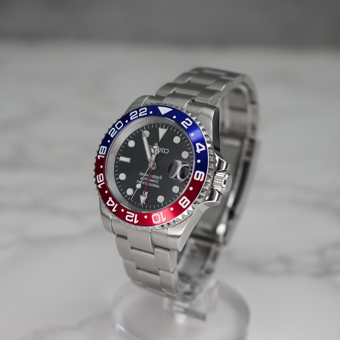 40mm Pepsi GMT Black Dial Sub Style Diver Custom Seiko NH34 GMT Movement Seiko Mod Watch - Left