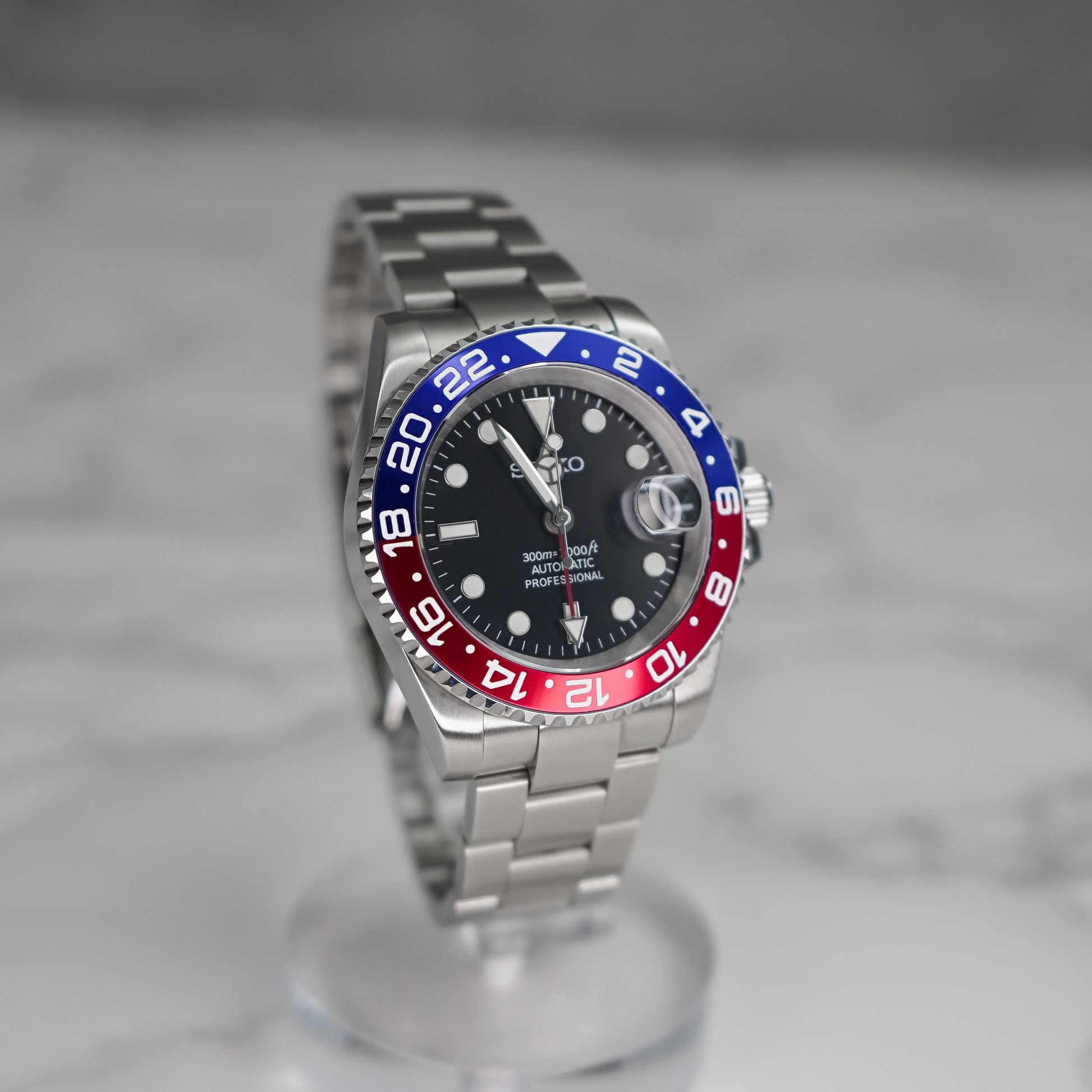 40mm Pepsi GMT Black Dial Sub Style Diver Custom Seiko NH34 GMT Movement Seiko Mod Watch - Right