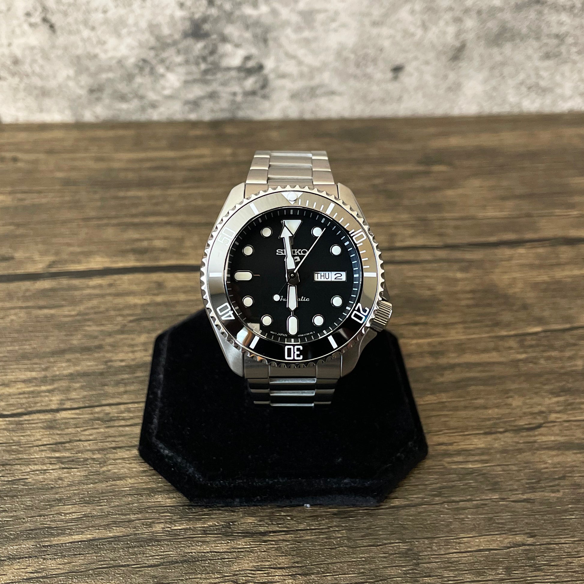 42mm Black Genuine Seiko 5 5KX Sport Mod Sub Style Diver w/ 4R36 Movement Seiko Mod Watch SKX - Front