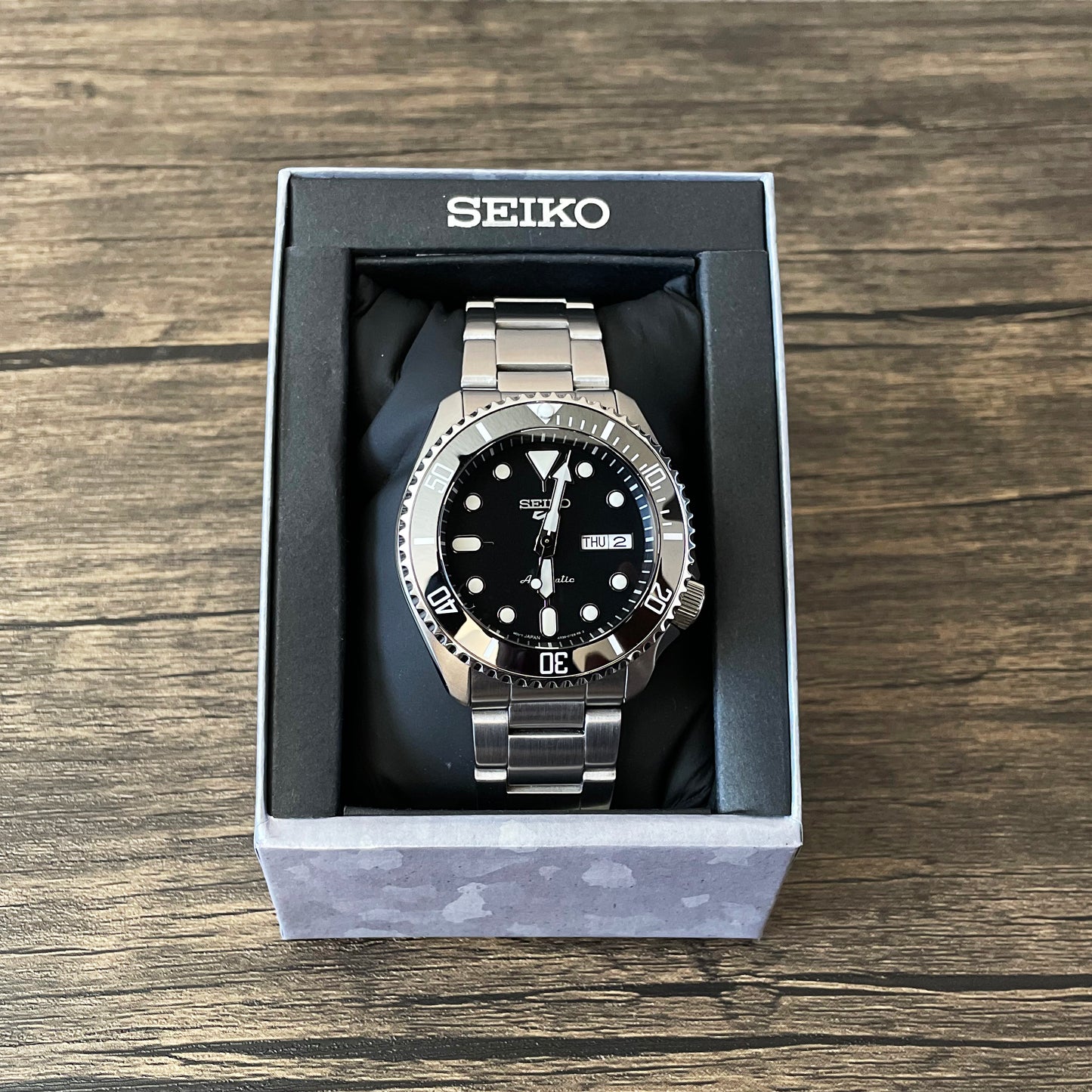 42mm Black Genuine Seiko 5 5KX Sport Mod Sub Style Diver w/ 4R36 Movement Seiko Mod Watch SKX - Box