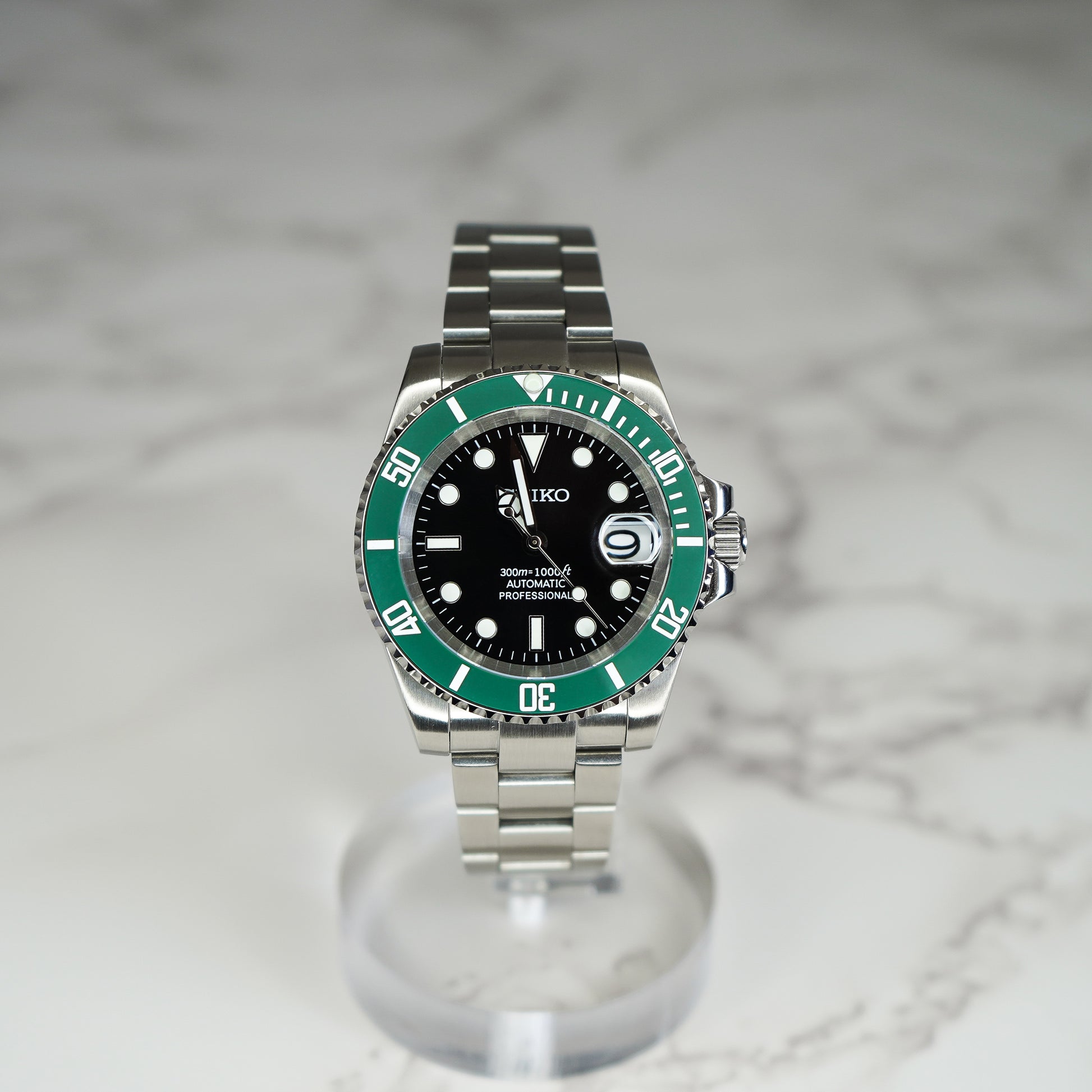 40mm Kermit Black Dial Sub Style Diver w/ Custom Build Seiko NH35 Movement Seiko Mod Watch - Front