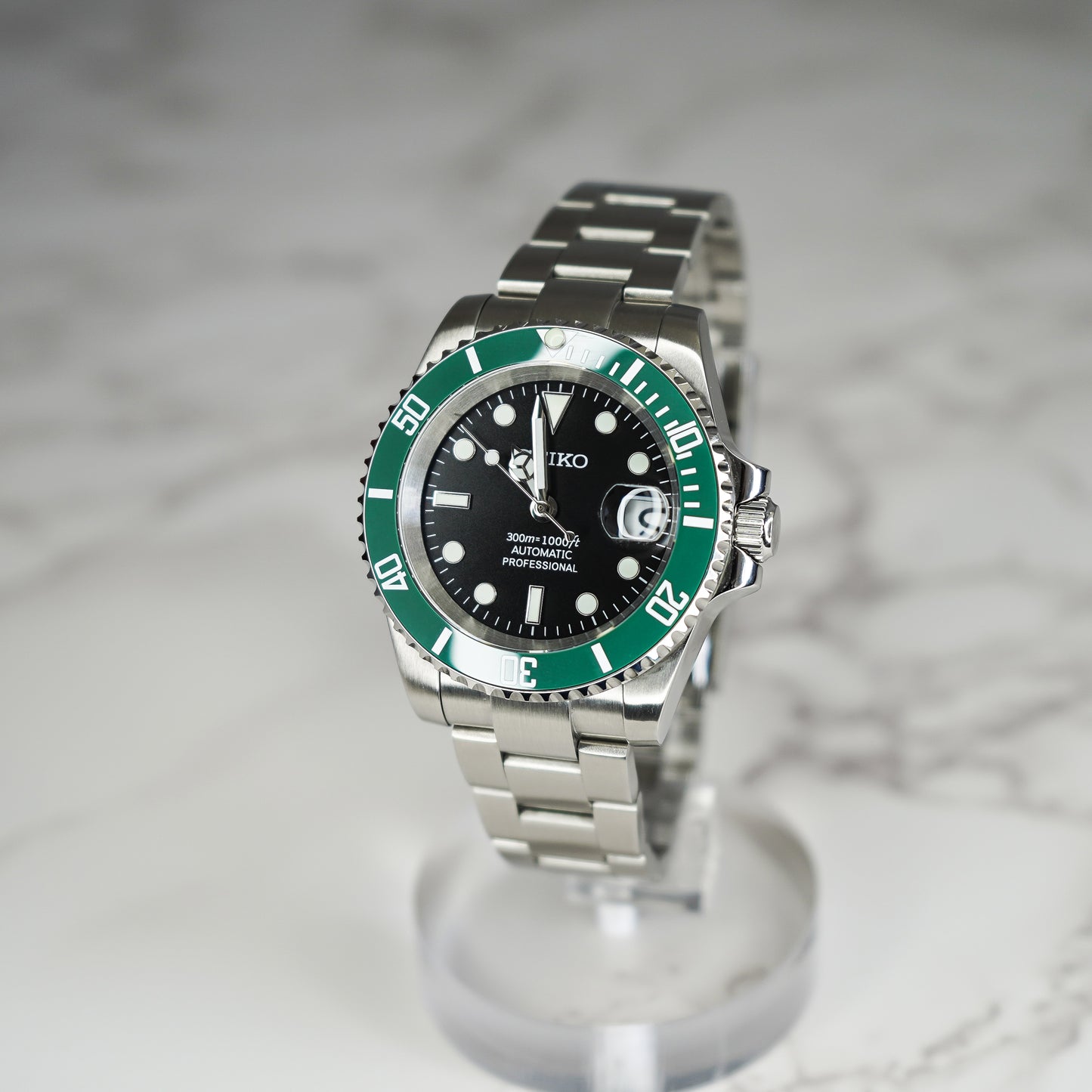 40mm Kermit Black Dial Sub Style Diver w/ Custom Build Seiko NH35 Movement Seiko Mod Watch - Left