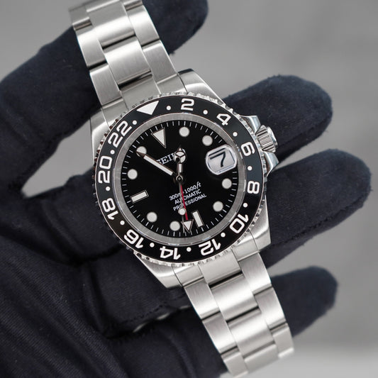 40mm GMT Signature Black Dial Sub Style Diver Custom Seiko NH34 GMT Movement Mod Watch - Main