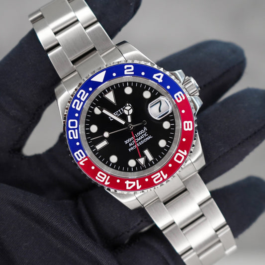 40mm Pepsi GMT Black Dial Sub Style Diver Custom Seiko NH34 GMT Movement Seiko Mod Watch - Main