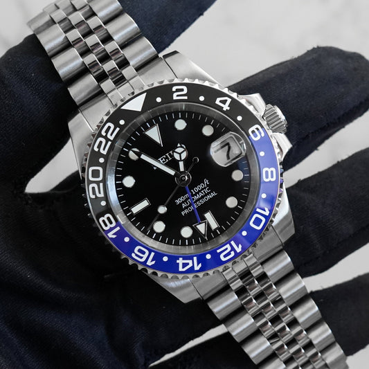 40mm Batman GMT Black Dial Sub Style Diver Custom w/ Seiko NH34 GMT Movement Mod Watch SKX