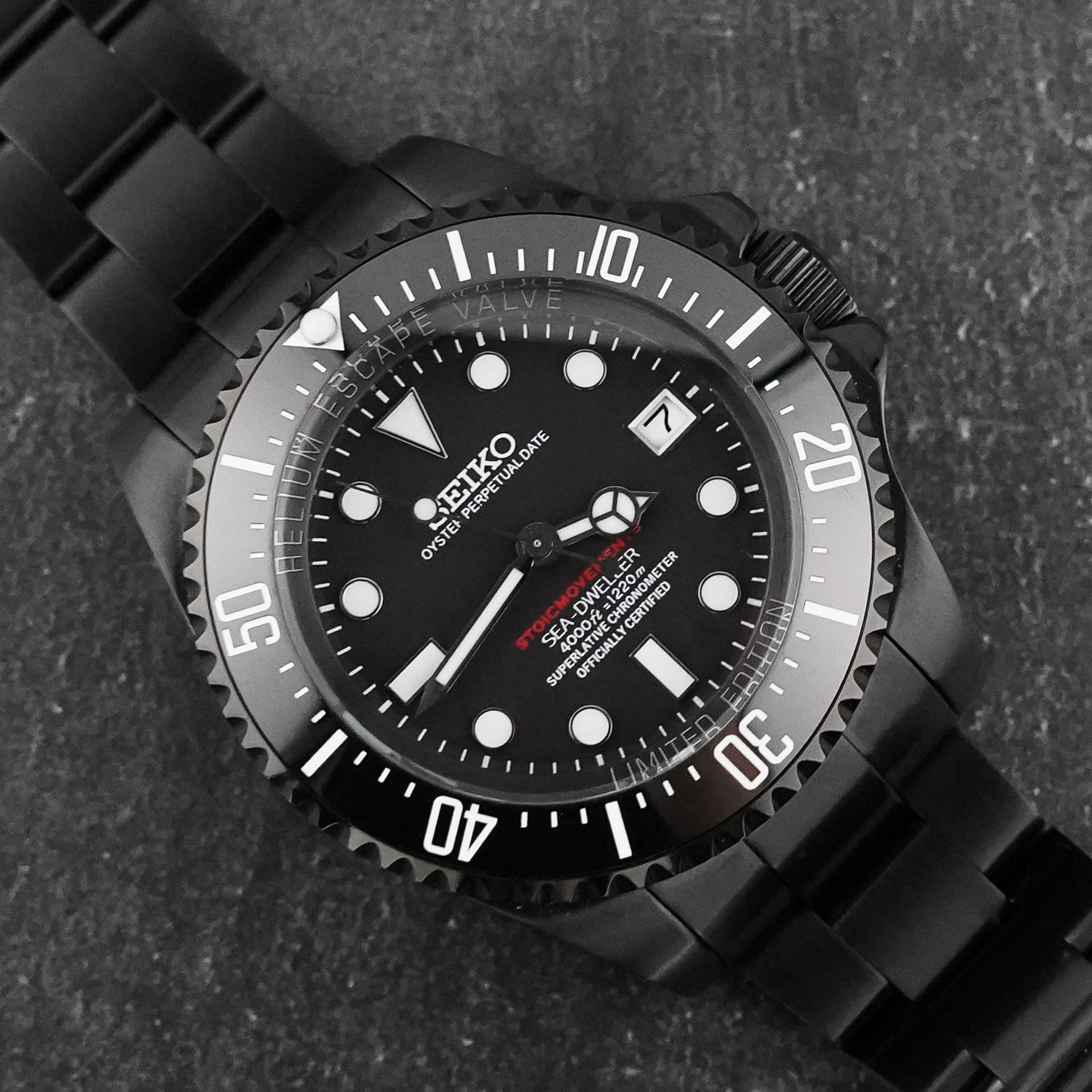 Remainder for STOICMOVEMENTS - 43mm Black Deep Sea Diver Mod w/ Custom Text Dial + Upgraded Lume Hands