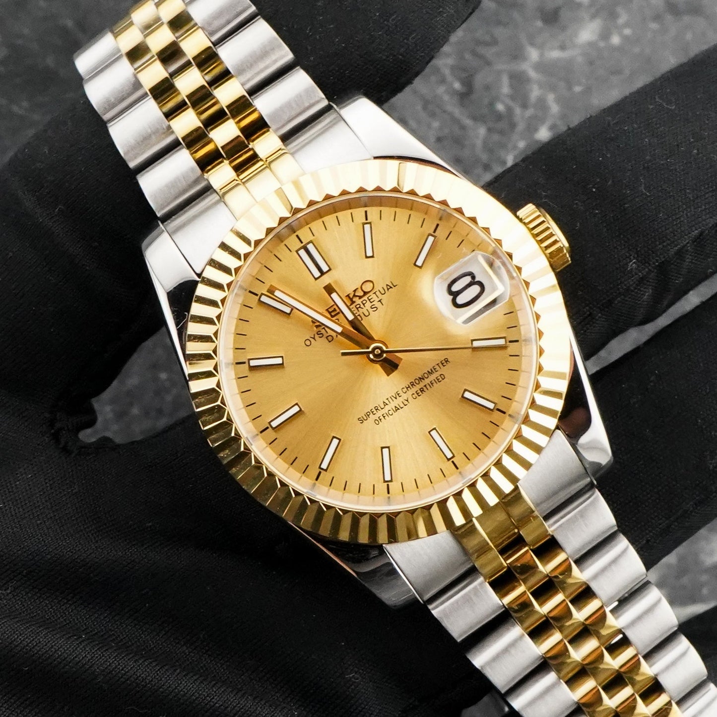 36mm Two Tone Gold Datejust Style Mod Watch w/ Gold Dial & Seiko NH35 Movement
