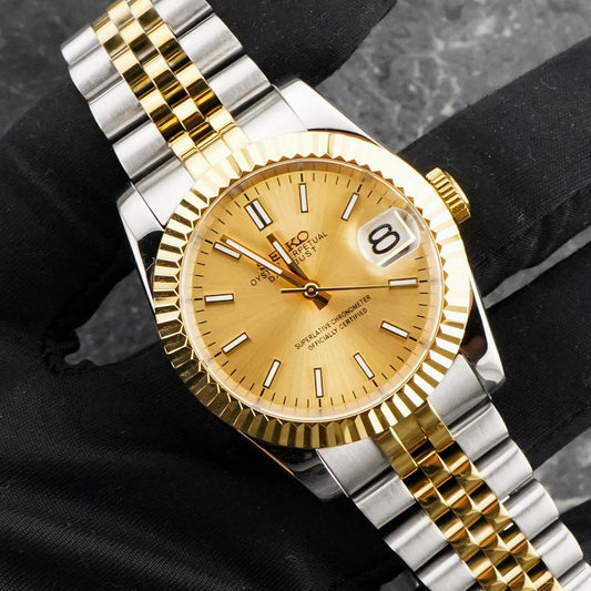 36mm Two Tone Gold Datejust Style Mod Watch w/ Gold Dial & Seiko NH35 Movement