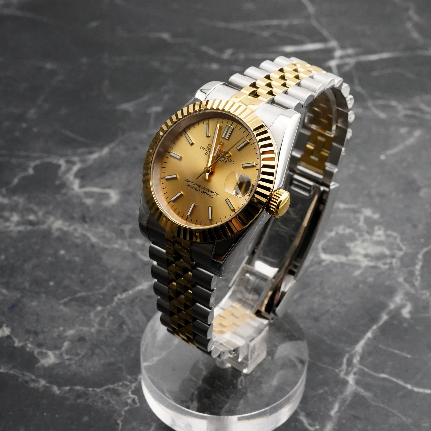 36mm Two Tone Gold Datejust Style Mod Watch w/ Gold Dial & Seiko NH35 Movement