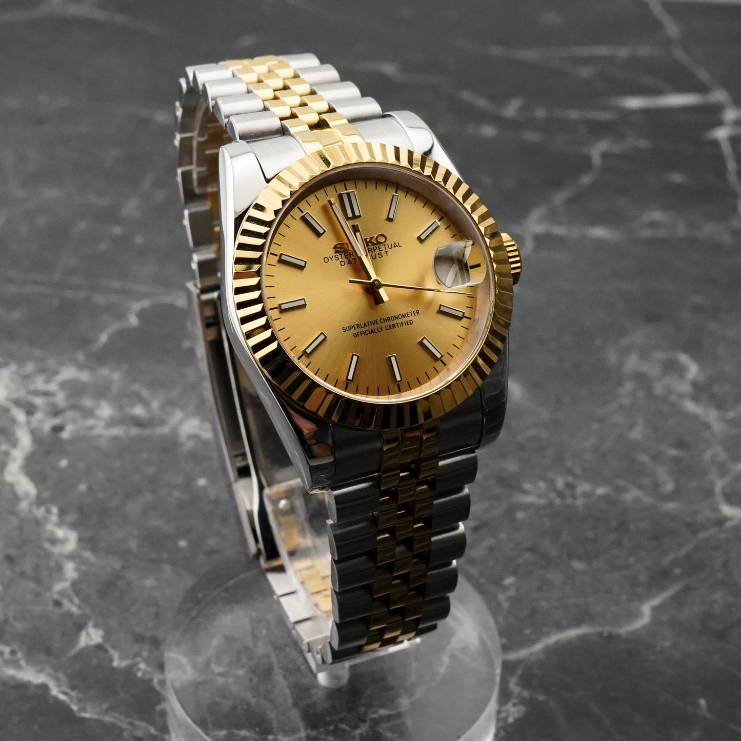 36mm Two Tone Gold Datejust Style Mod Watch w/ Gold Dial & Seiko NH35 Movement